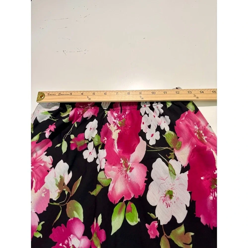 Black Floral Midi Skirt Women's Sz PM Flowy Ruffle Hem Boho Cottage Prairie - Picture 9 of 14